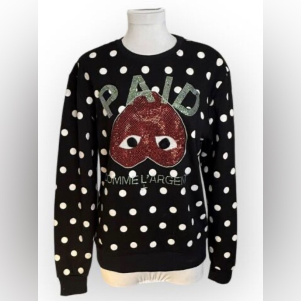 Hudson Outerwear Jeweled Heart Paid Polka Dot Sweatshirt Black‎ XL New w defects